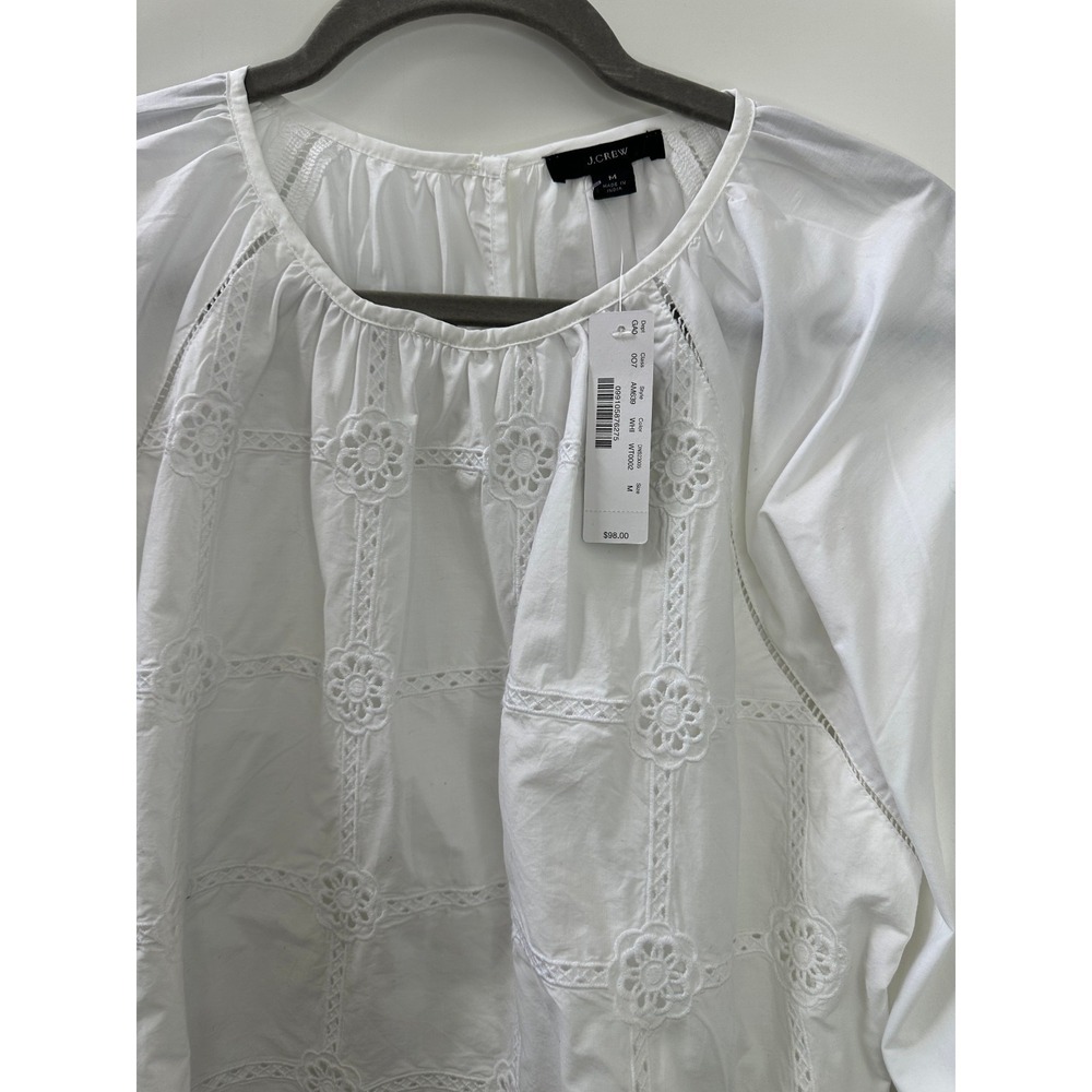 NWT J.Crew White Embroidered Floral Eyelet Blouse Puff Sleeve Top AM639 Medium - Picture 3 of 11